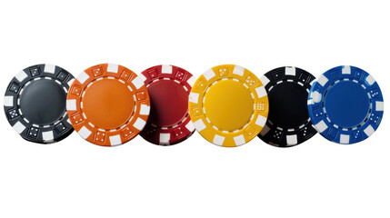 A row of colorful poker chips in blue, red, orange, yellow, and black isolated on transparent background