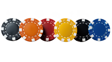 A row of colorful poker chips in blue, red, orange, yellow, and black isolated on transparent background