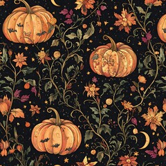 Vintage Autumn Pumpkins and Vines Botanical Halloween Pattern
