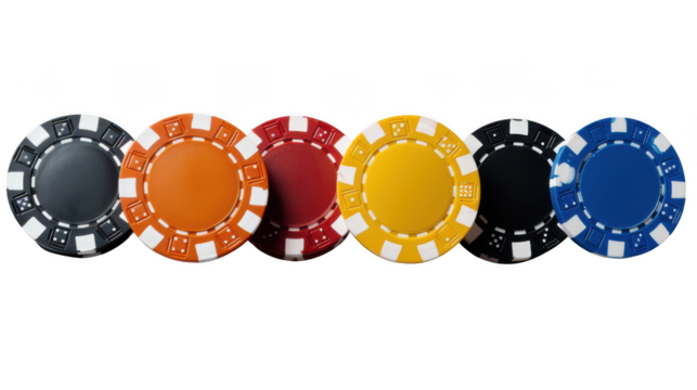 A row of colorful poker chips in blue, red, orange, yellow, and black isolated on transparent background
