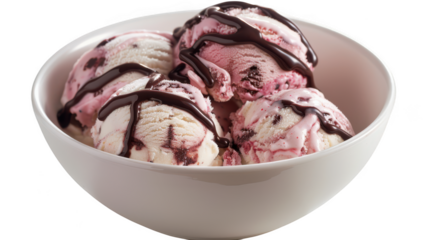 A white bowl filled with scoops of pink and white ice cream drizzled with chocolate sauce isolated on transparent background