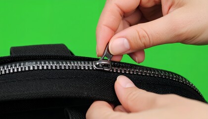 Hand Adjusting Zipper on Black Fabric Bag Against Green Screen