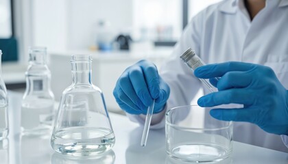 Laboratory setting with white countertop. Beakers with clear, gray liquids, test tube in gray liquid. Scientist gloves, lab coat visible, indicating ongoing experiment. Research, development of