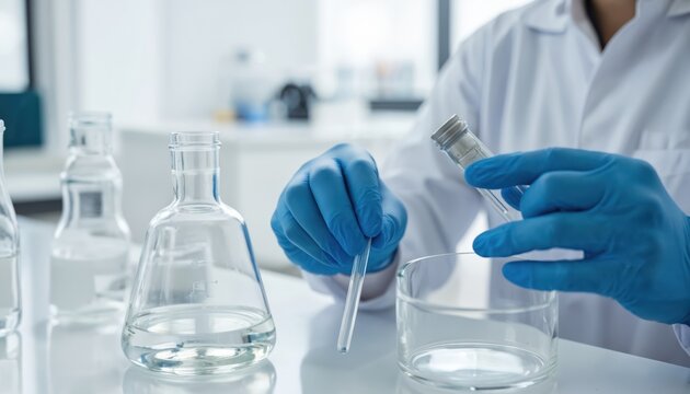 Laboratory setting with white countertop. Beakers with clear, gray liquids, test tube in gray liquid. Scientist gloves, lab coat visible, indicating ongoing experiment. Research, development of - Powered by Adobe