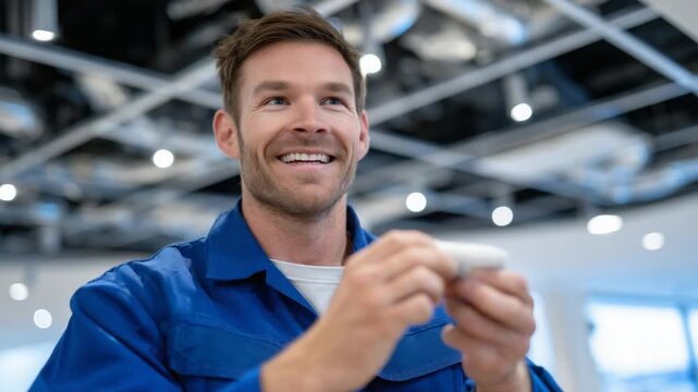 A technician in blue coveralls installs a fire alarm sensor on a drop ceiling tile, surrounded by modern lighting and HVAC ducts.