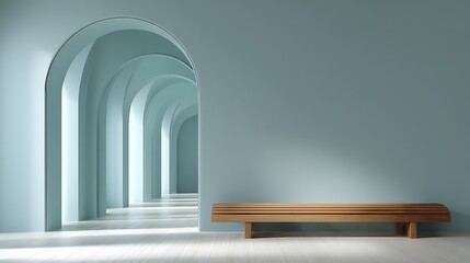 Fototapeta premium Minimalist corridor features arches and wooden bench. Use for architectural visualization, marketing, design concepts.