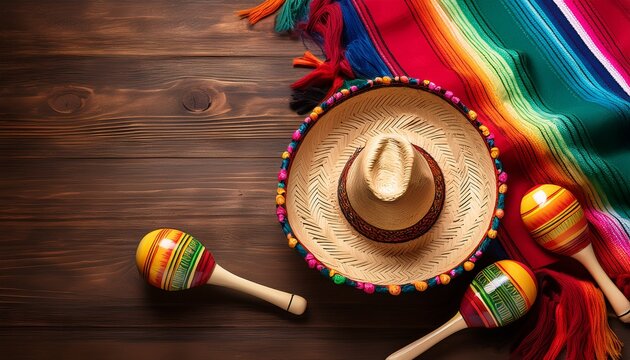 maracas serape and mexican hat on wooden table cinco de mayo copy space