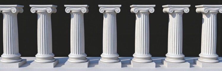 Classic architecture scene with white columns, small domes, gray background. Elegance of classical style, precision, simplicity create harmonious image. Column attached to ground, adding stability,