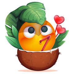 Summer emoji with coconut cocktail and tropical leaves on white background. Funny summer emoticon with cocktail straw. Positive vibes, good mood, vacation, travel, holiday concept