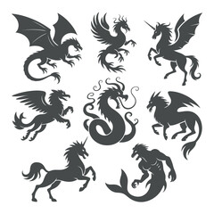 Naklejka premium Mythical Creatures Silhouettes Collection Vector Art: Dragons, Griffins, Unicorns, and More in Striking Black and White Designs for Creative Projects and Designs