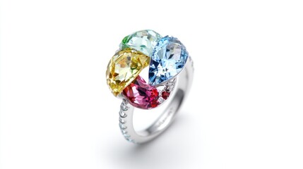 Multi-colored gemstone ring set with a delicate band.