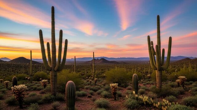 Majestic saguaro cacti stand tall against a vibrant sunset sky in the arizona desert