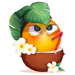 Summer emoji with coconut cocktail and cocktail straw on white background. Funny summer emoticon with tropical flowers and tropical leaves. Positive vibes, good mood, vacation, travel, holiday concept