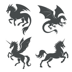 Mythical Creatures Silhouettes Vector Set: Dragons, Unicorns, and More in Striking Designs for Creative Projects, Designs, and Artistic Endeavors on White