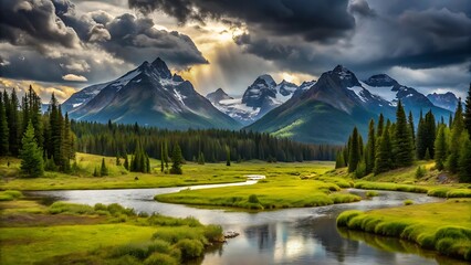 Dramatic mountain peaks with sun rays breaking through stormy clouds over a river valley