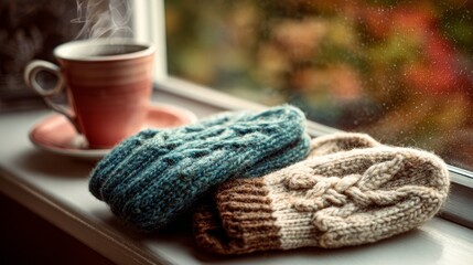 Wool mittens resting on windowsill with falling leaves and steaming tea cup