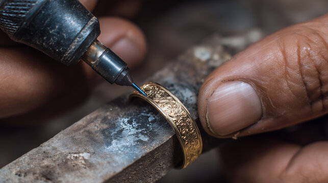 Close-up of hands engraving golden ring with rotary tool on jeweler's workbench engraving ring, jewelry engraving, jeweler at work, handmade ring, gold ring detail, fine jewelry, c
