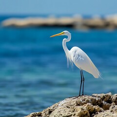 Beautiful Close-up Shot of a White Egret Standing in the Sea Beach