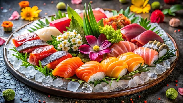 A vibrant platter of assorted sushi and sashimi artfully arranged with fresh garnishes
