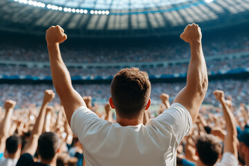 Excited crowd cheers with fists raised at a large sports stadium event, showcasing unity and team spirit during a game or championship match.