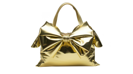 A glamorous gold metallic handbag with a large bow detail, isolated on transparent background