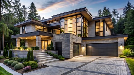 A sophisticated modern architectural masterpiece with expansive glass and natural stone elements