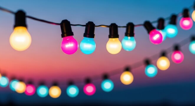 Colorful string lights glow against a twilight sky - Powered by Adobe