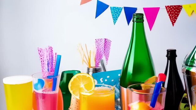 Festive alcoholic and non-alcoholic beverages create a vibrant, colorful party scene