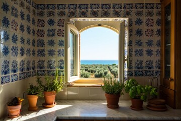 Beautiful Mediterranean Kitchen View Through an Open Window