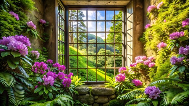 Fototapeta An open window reveals a lush garden overflowing with vibrant purple flowers and a view of green hills
