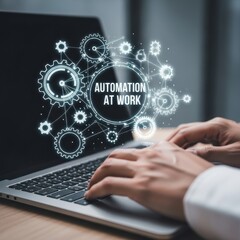 Hands typing on laptop with glowing automation gears and network connections technology business