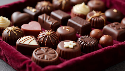 Assorted chocolate pralines in a red velvet box for Valentine's Day  