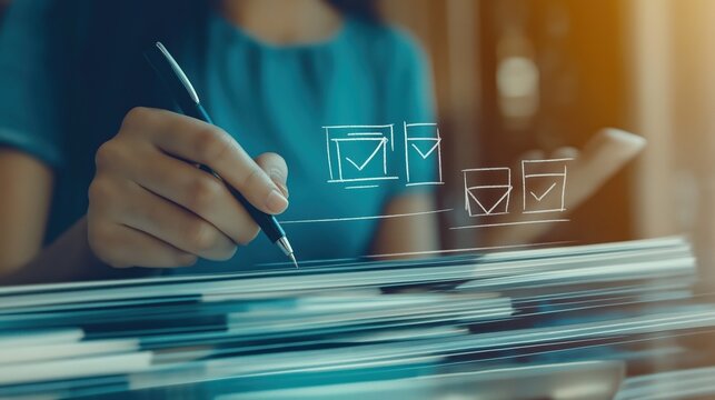 Businessman using electronic pen to tick correct sign mark in online document checklist for quality control assurance of ISO concept.  - Powered by Adobe