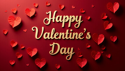 Happy Valentine's Day greeting with red hearts on dark background  