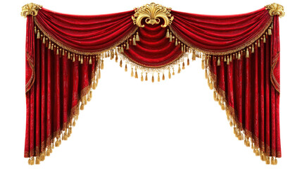 Ornate Red Curtain with Golden Accents for Theatrical Productions on Transparent Background