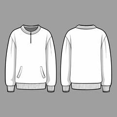Front and back view of a white quarter zip sweatshirt with pockets and ribbed cuffs