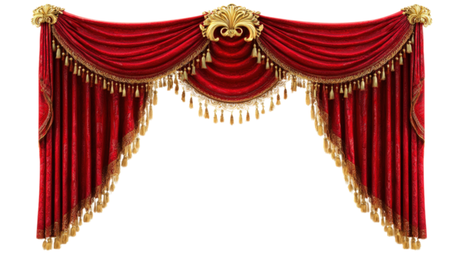 Ornate Red Curtain with Golden Accents for Theatrical Productions on Transparent Background