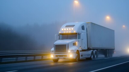 A container truck navigates an early morning fog, its headlights cutting through the mist as the highway fades into a mysterious white haze. - Powered by Adobe