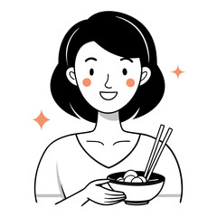 Happy woman enjoying a bowl of delicious food with chopsticks