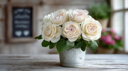 Bouquet of pale cream roses in a metal bucket near a chalkboard sign, soft natural light, romantic floral arrangement for wedding or event rustic flowers, elegant roses, soft color