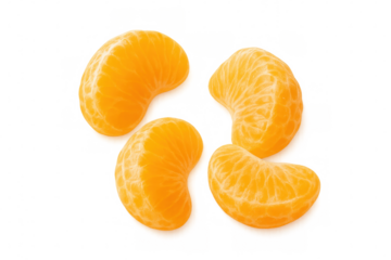 Four peeled mandarin orange segments falling against a transparent background, creating a vibrant and refreshing image