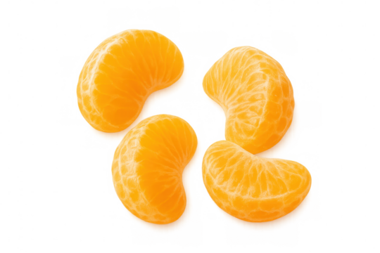Four peeled mandarin orange segments falling against a transparent background, creating a vibrant and refreshing image