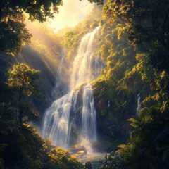 Sunlit Forest Waterfall, Magical Cascade, Ray of Light, Peaceful Nature Scene, Enchanted Wilderness