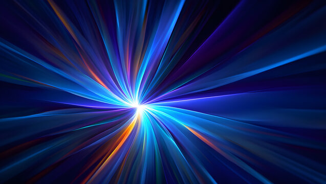 Abstract burst of blue and orange light rays on dark background