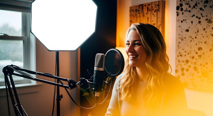 Smiling entrepreneur recording a podcast in home studio, microphone and acoustic foam panels