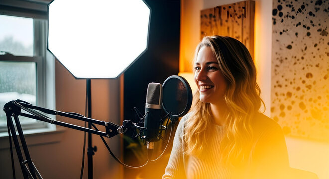 Smiling entrepreneur recording a podcast in home studio, microphone and acoustic foam panels - Powered by Adobe