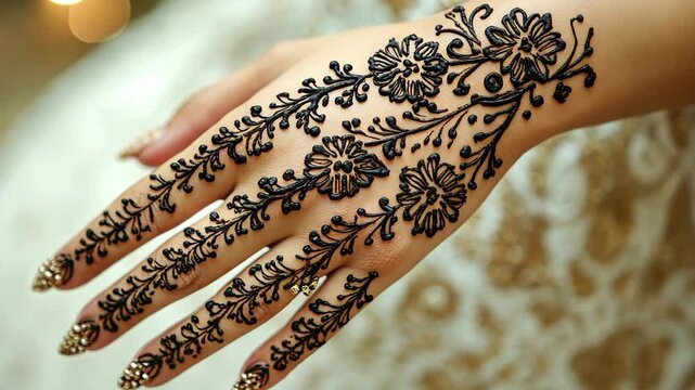 A hand is decorated with intricate henna designs, showcasing traditional art and beauty