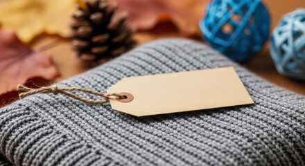 A blank tag rests on a cozy knitted sweater with autumn decor