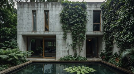 Brutalist-inspired concrete monolith with board-formed texture, bronze window frames, vertical fern gardens cascading down walls, reflective pond, overcast drama.