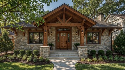 Craftsman bungalow upgraded artisan stonework, exposed timber beams, deep eaves with pendant lights, artisan-crafted front door, lush perennial borders, dappled sunlight.
